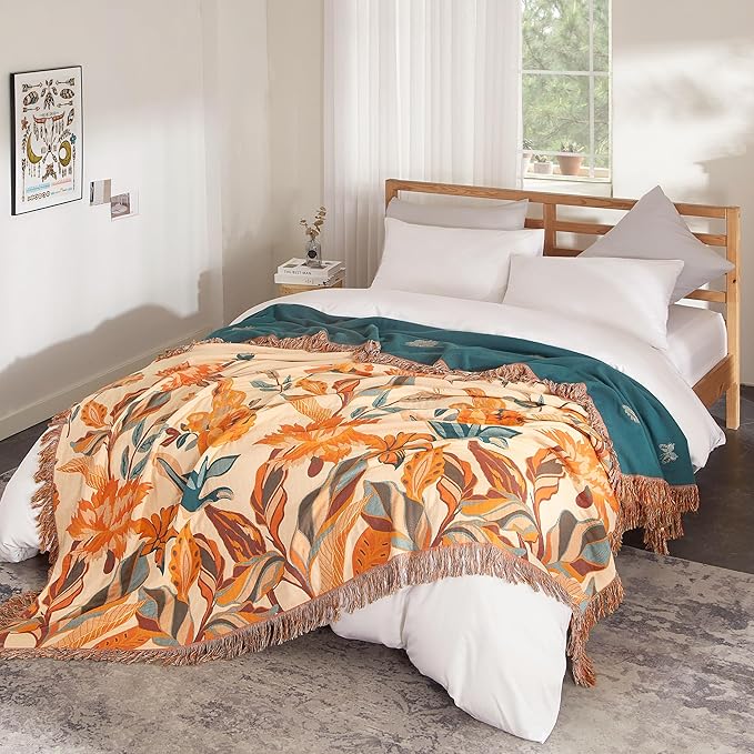 Boho Throw Blanket 100% Cotton Woven Ultra Soft 4-Layer Muslin Quilt Farmhouse Bed Blanket Cover 80"x90", Floral