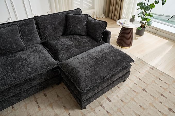 SoarFlash 143.2" Chenille Sectional Sofa, Comfy L Shaped Modular Coush Sofa with Ottoman, Modern 4 Seat Couch Deep Seat Sofa Set for Living Room,Black