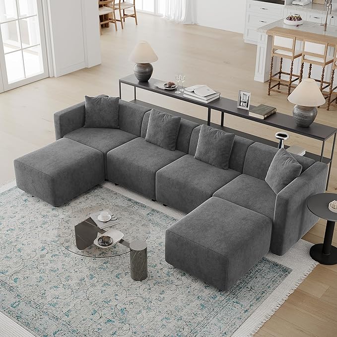 Acanva Convertible Modular Sectional Sofa, Modern Linen-Like Fabric Living Room Furniture Set with Reversible Chaise Lounge, Grey U-Shape Couch