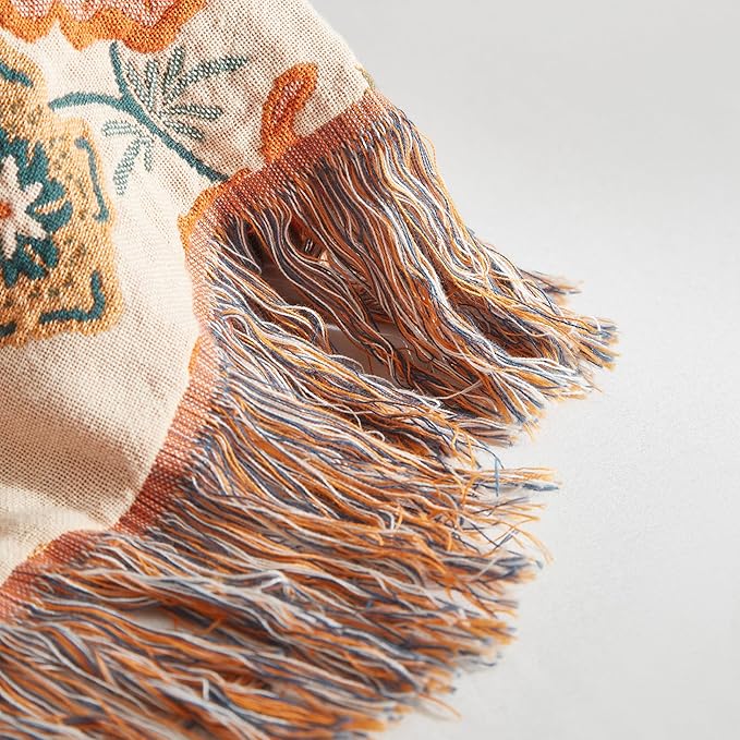 Boho Throw Blanket 100% Cotton Woven Ultra Soft 4-Layer Muslin Quilt Farmhouse Bed Blanket Cover 90"x98", Floral