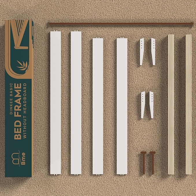 Bme Dinkee Signature Ivory White King Bed Frame Without Headboard - Modern & Minimalist Style with Acacia Wood - 12 Strong Wood Slat Support - Easy Assembly - No Box Spring Needed