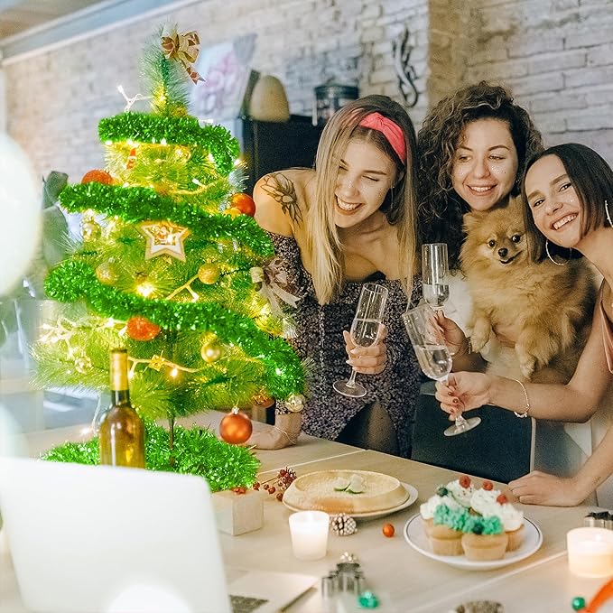 CANREVEL 4 Pieces 26.2 Ft Christmas Garland Metallic Shiny Twist Tinsel Garland Hanging Decorations for Christmas Tree, Mantle, Stairs Railing Decorations - Green