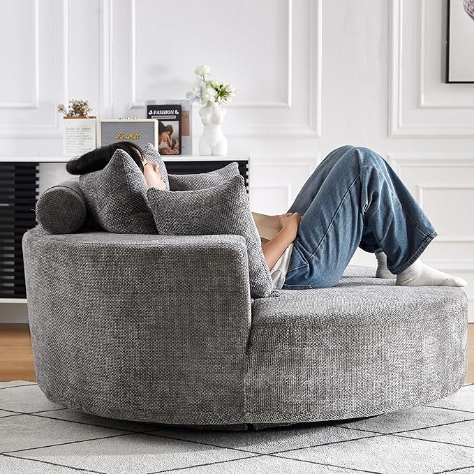 KEIKI 55" Oversized Swivel Accent Chair, Large Barrel Chairs Upholstered Round Swivel Chair, Chenille Single Sofa Armchair, Sleeper Chair for Living Room, Lounge, Grey