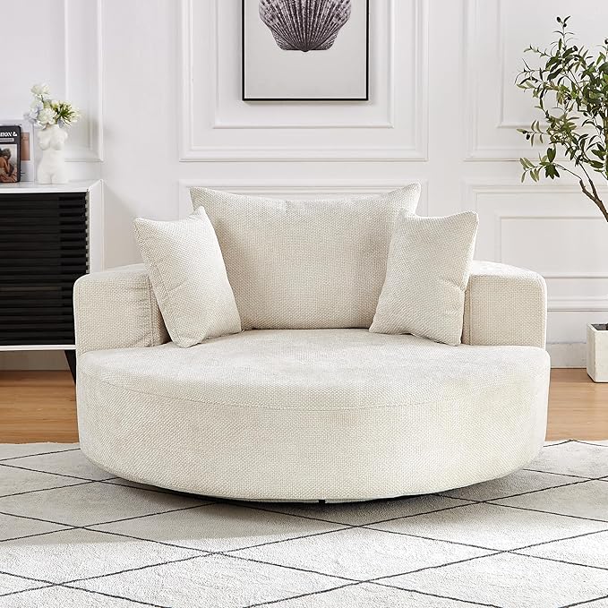KEIKI 55" Oversized Swivel Accent Chair, Large Barrel Chairs Upholstered Round Swivel Chair, Chenille Single Sofa Armchair, Sleeper Chair for Living Room, Lounge, Beige