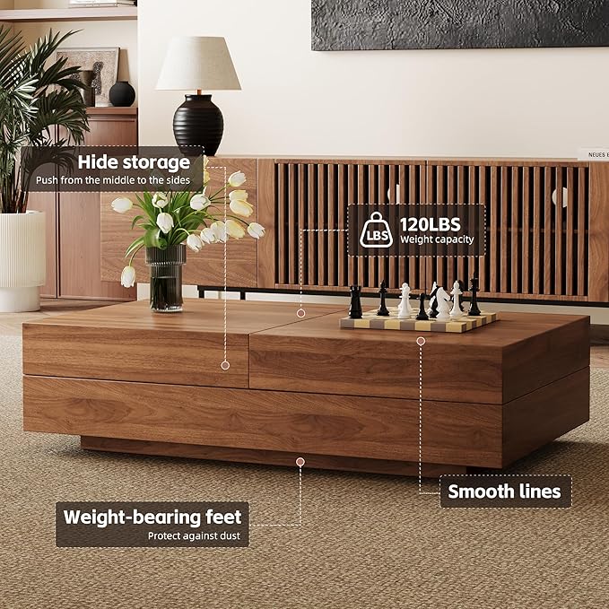 Mid-Century Expandable Coffee Table with Storage – 47.2"-81.9" Adjustable Center Table for Living Room, Walnut Wood Finish