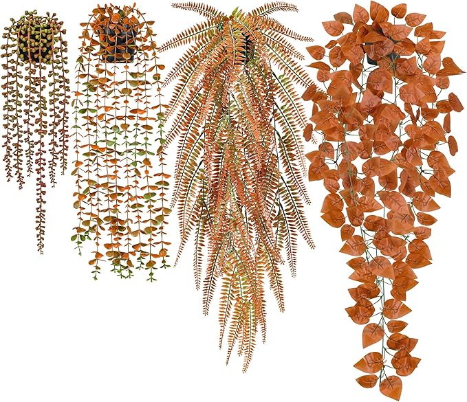Der Rose 4Pcs Fake Fall Plants Hanging Orange Artificial Eucalyptus Plants, Boston Fern, Fake Potho, String of Pearls for Halloween Bathroom Table Centerpiece Wall Mantle Decor Indoor and Outdoor