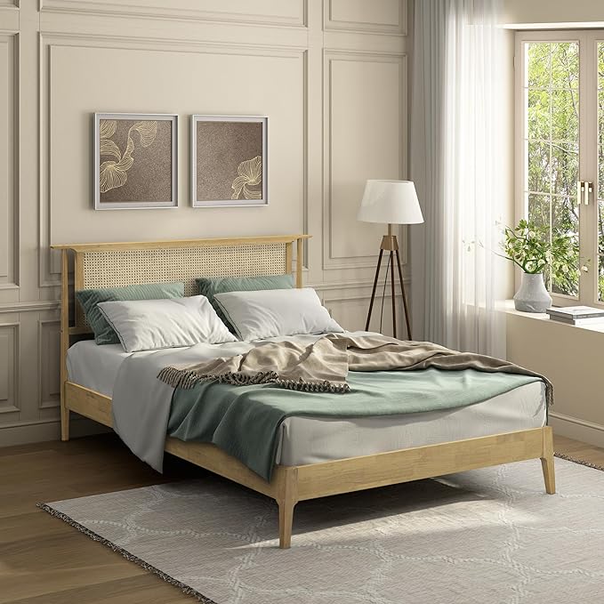 NTC Ruby Wooden Bed Frame with Headboard, Solid Wood Foundation with Silent Slats and Wood Central Supports, 1000 Lb Capacity, Effortless Assembly, Multiple Sizes and Colors (Sand, Queen)