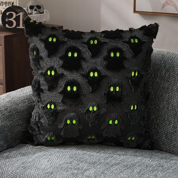DFXSZ Halloween Pillow Covers 20x20 inch Set of 2 Black Ghost Throw Pillow Cases Soft Plush Faux Fur Wool Cushion Case for Chair Bedroom Living Room Home Decor PTK03F20