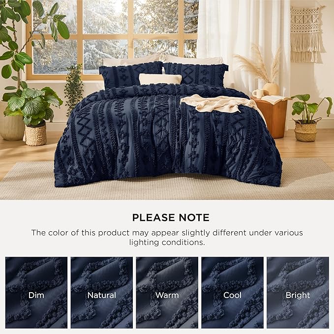 Bedsure Tufted Boho Comforter Set Queen Size - Navy Boho Bed Set, GentleSoft™ 3 Pieces Farmhouse Shabby Chic Embroidery Bedding, Gifts for Woman, Soft Jacquard Queen Comforter for All Seasons
