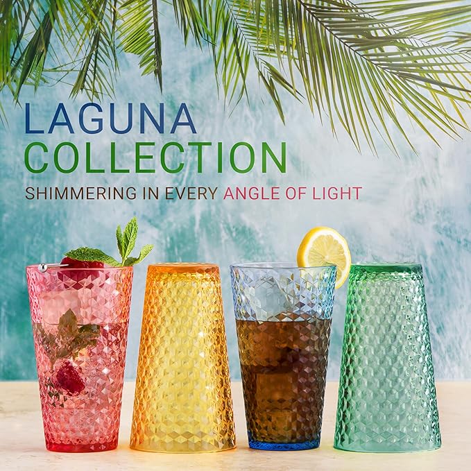 Laguna Plastic Drinking Glasses, Premium Quality Durable BPA-Free Water Tumblers, Dishwasher-Safe, Stackable Cups in Assorted Colors, 18 oz Set of 12