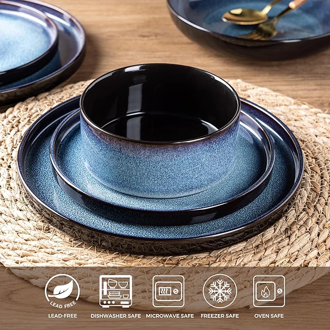 LERATIO Ceramic Dinnerware Sets for 4,Round Reactive Glaze Ceramic Plates and Bowls Set,Highly Chip and Crack Resistant | Dishwasher & Microwave Safe Dishes Set,Service for 4 (12pc)-Blue
