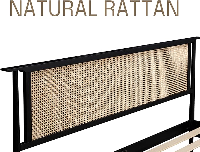 NTC Ruby Wooden Bed Frame with Headboard and Natural Rattan, Solid Oak Foundation with Silent Slats, 1000 Lb Capacity, Effortless Assembly, King - Burnt Black