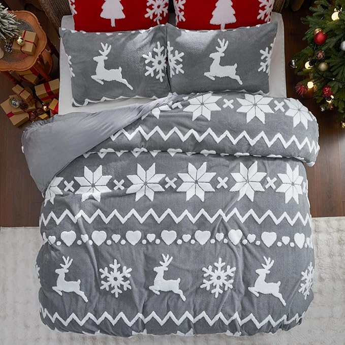 Bedsure Fluffy Christmas Duvet Cover Set - Ultra Soft Plush Shaggy Comforter Cover King Size, Warm Flannel Fleece Bed Sets for Winter, 3 Pieces, Reindeer Pattern, Grey