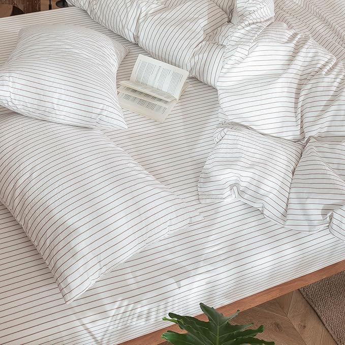 MooMee Striped Duvet Cover Set 100% Washed Cotton Linen Like Textured Breathable Durable Soft Comfy (White Orange Wide Stripes, Cal King 104"x98")