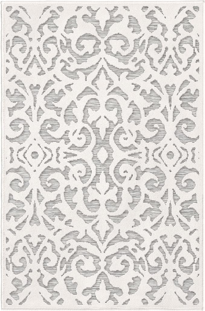 Orian My Texas House Lady Bird Rug 1.11x5 Rectangle High-Low Floral Indoor Outdoor, Natural Grey