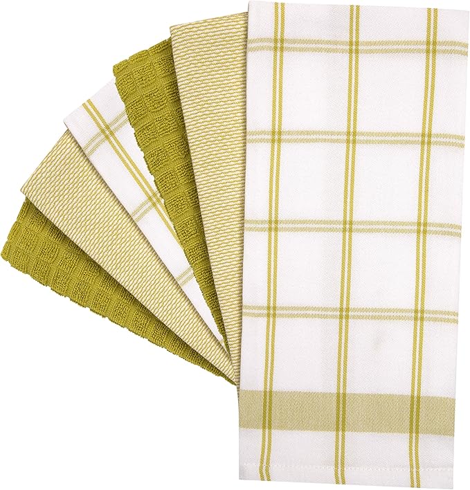 Premium Kitchen Towels 6 Pack Large Cotton Hand Towels Flat Terry Absorbent Tea Towels with Hanging Loop Lime Green Check 20x28