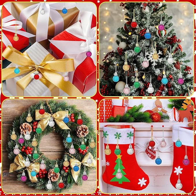 Jansun 60PCS Christmas Mini Balls Ornaments Miniature Xmas Tree Hanging Decorations Small Vintage Multicolour Glitter Balls for Holiday Party Outdoor Indoor DIY Craft Decor Supplies