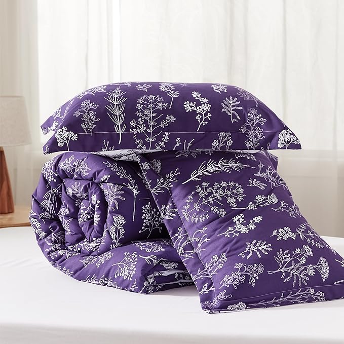 Bedsure Queen Comforter Set - Dark Purple Bed Set, 3 Pieces Cute Floral Bedding, 1 Soft Reversible Botanical Flowers Comforter and 2 Pillow Shams