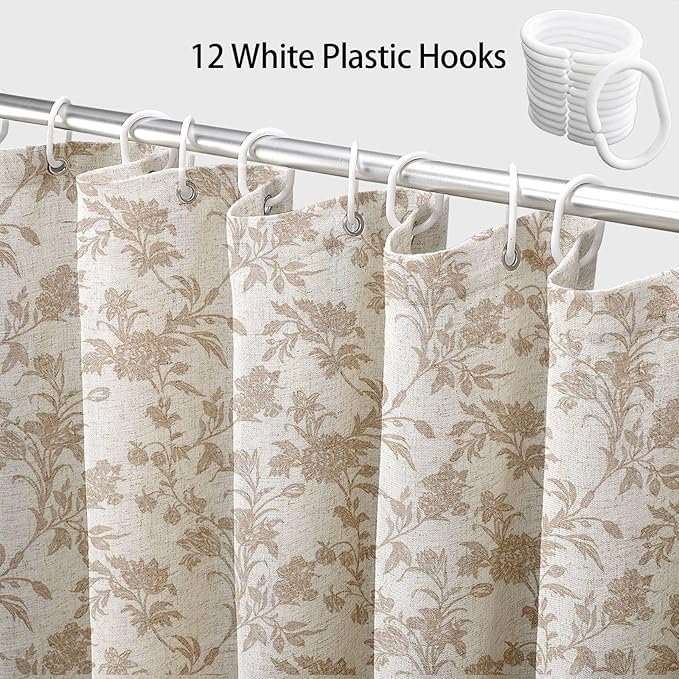 Beige Shower Curtain Floral Cotton Linen Cottagecore Shower Curtain for Bathroom 78" L x 72" W Long