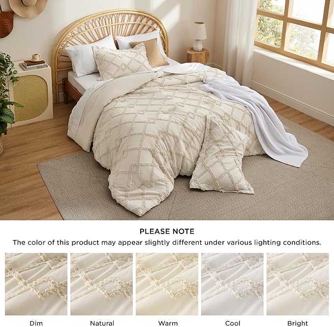 Bedsure Boho Comforter Set King - Beige Tufted King Size Comforter, 3 Pieces Farmhouse Shabby Chic Embroidery Bed Set, Soft Fluffy Geometric Pattern Bedding for All Seasons