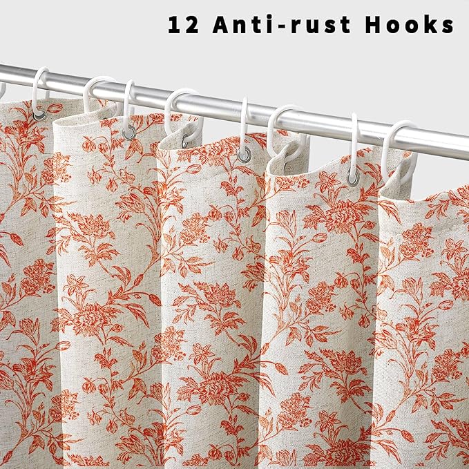 Orange Shower Curtain Floral Cotton Linen Cottagecore Shower Curtain for Bathroom 72" W x 72" L