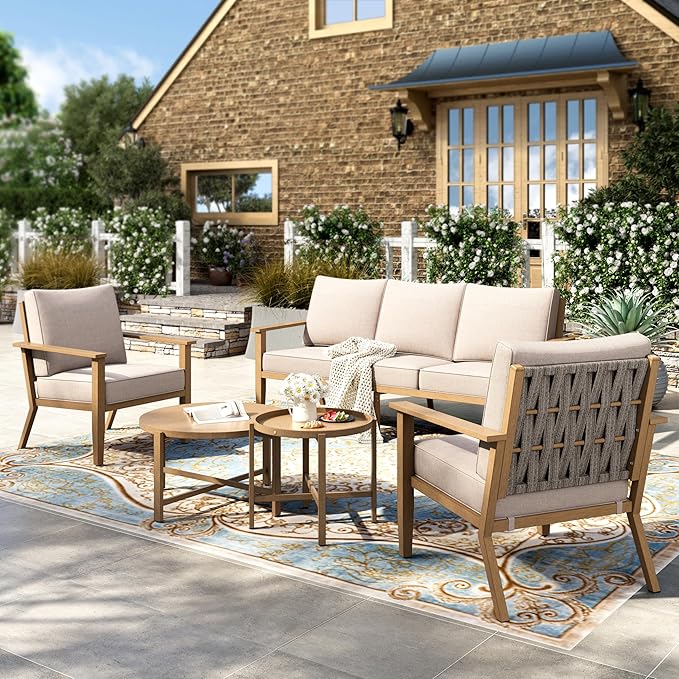 HERA'S HOUSE Patio Furniture Set 5-Piece, All-Weather Metal Outdoor Conversation Set with Wood Grain Finish, 2 x Leg Chair, 1 x 3-Seat Outdoor Chair, 2 x Multi-Functional Table for Garden Deck Backyard