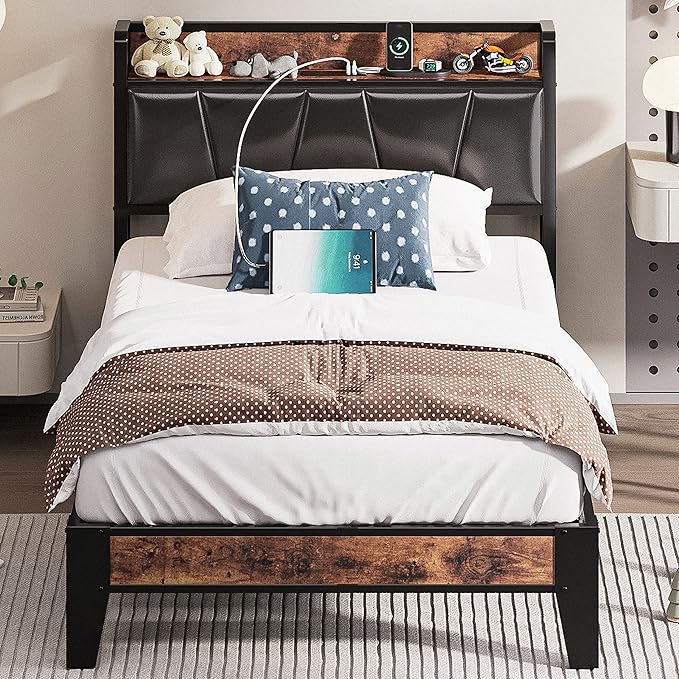 LIKIMIO Twin Bed Frame, Storage Headboard with Charging Station, Solid and Stable, Noise Free, No Box Spring Needed, Easy Assembly (Vintage and Black)