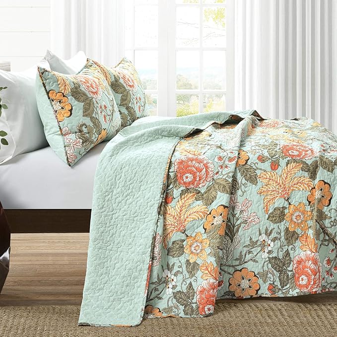 Lush Decor Sydney Reversible Cotton Quilt Set King 3 Piece Bedding, Blue Green