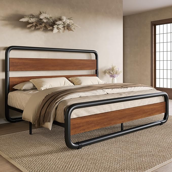 SHA CERLIN Full Size Metal Bed Frame with Wooden Headboard and Footboard, Heavy Duty Platform Frame with Under-Bed Storage, Noise Free, No Box Spring Needed, Vintage Walnut