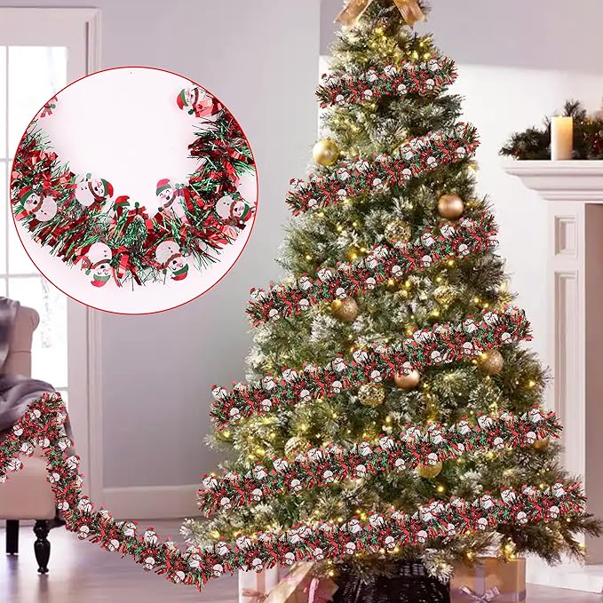 Christmas Garland Xmas Decorations 33 FT Red Green Christmas Tinsel Garland with Snowman Ornaments, Metallic Christmas Tree Garland Indoor Outdoor for Home Mantle Xmas Party Holiday Decor Gifts