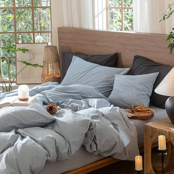 MooMee Wavy Striped Duvet Cover Set 100% Washed Cotton Linen Like Textured Breathable Durable Soft Comfy (Cornflower Blue, Super King 108"x98")