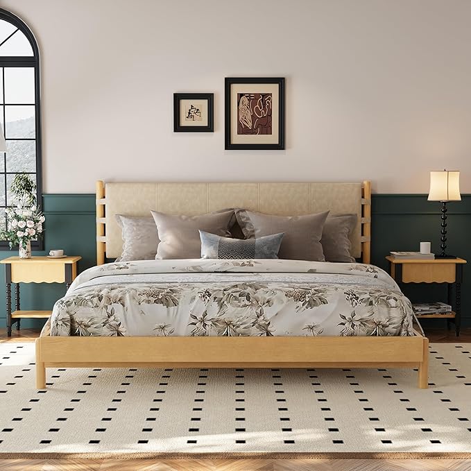 Premium Rubber Wood Platform Bed Frames, King Size Headboard Included, Mid Century Modern Beds, Beige