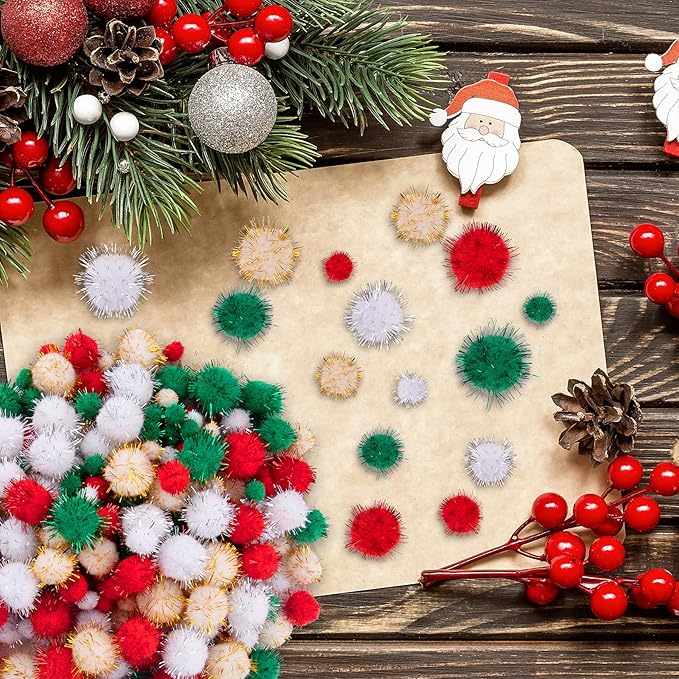 BQTQ 1500 Pieces Christmas Pom Pom Balls Glitter Tinsel Pom Pom for Craft Making and Christmas Decorations (4 Sizes, Gold, White, Green, Red)