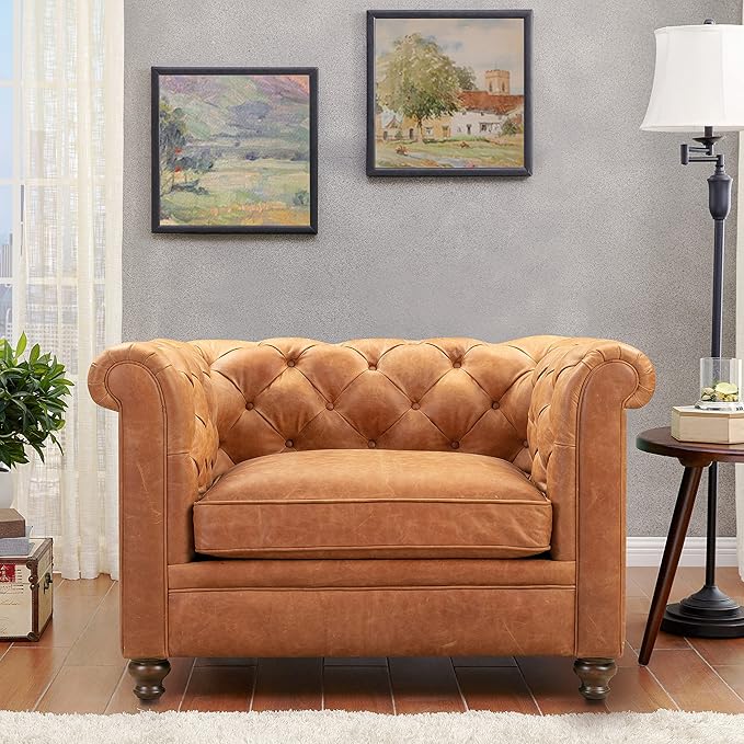 POLY & BARK Lyon Leather Lounge Chair 49" – Cognac Tan Full-Grain Leather Upholstery – Modern Upholstered Accent Chair for Living Room or Bedroom – Indoor Lounge Seating with Lasting Comfort