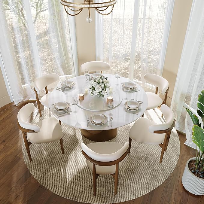 POVISON 60" Round Dining Table for 4-6 with Lazy Susan, 60" Glossy White Sintered Stone Tabletop Bronze Carbon Steel Pedestal