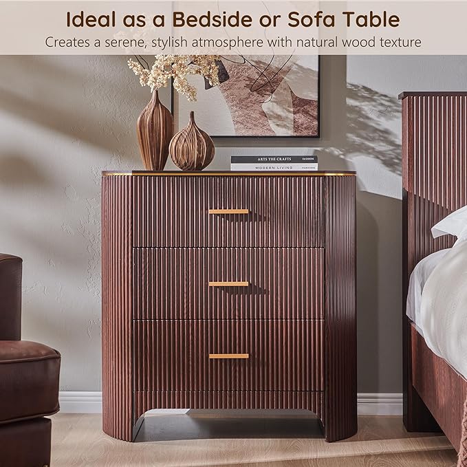 Fluted 3 Drawers Nightstand with Charging Station,31.7" W Bedside Table with Curved Profile Design,End Table Storage with USB Ports for Bedroom,Living Room,Gold Metal Handle, Brown Oak