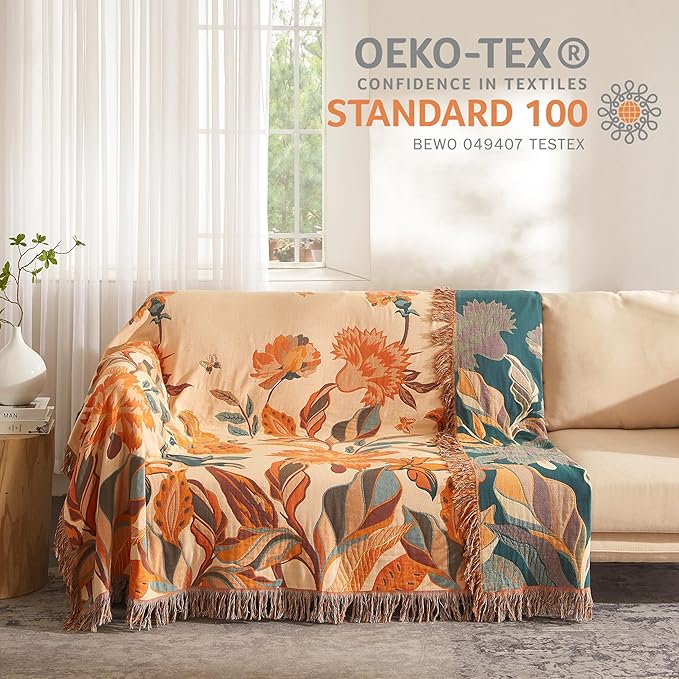 Boho Throw Blanket 100% Cotton Woven Ultra Soft 4-Layer Muslin Quilt Farmhouse Bed Blanket Cover 80"x90", Floral