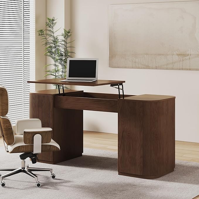 homary Modern 59.8" Standing Desk with Lift-Top & Ample Storage, Fluted Engineered Wood Home Office Desk with 2 Doors, Walnut