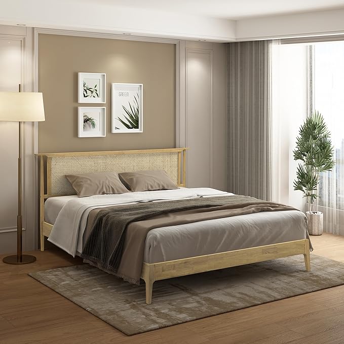 NTC Ruby Wooden Bed Frame with Headboard, Solid Wood Foundation with Silent Slats and Wood Central Supports, 1000 Lb Capacity, Effortless Assembly, Multiple Sizes and Colors (Sand, King)