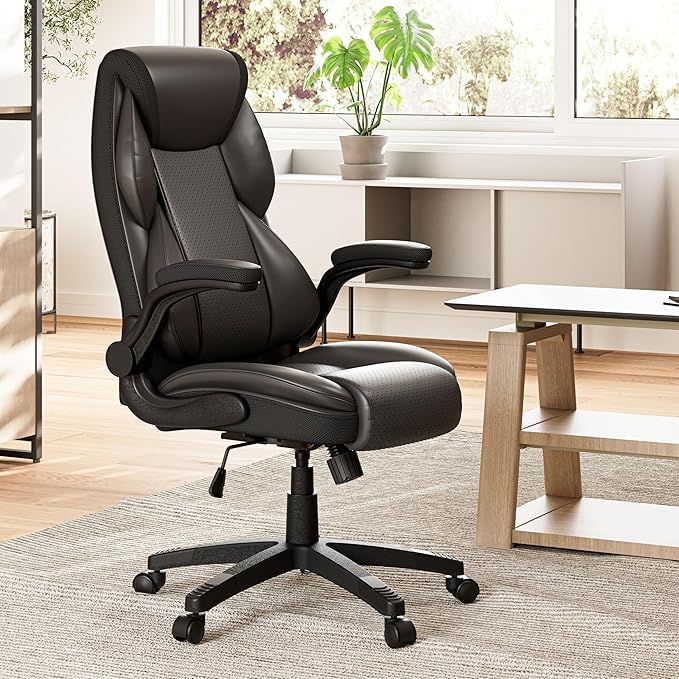 EUREKA ERGONOMIC PU Leather Desk Chair Office Executive Chair, Ergonomic Office Chair Flip Up Arms, High Back Office Chair with Headrest, Home Office Chair with Wheels, Computer Chairs for Adults