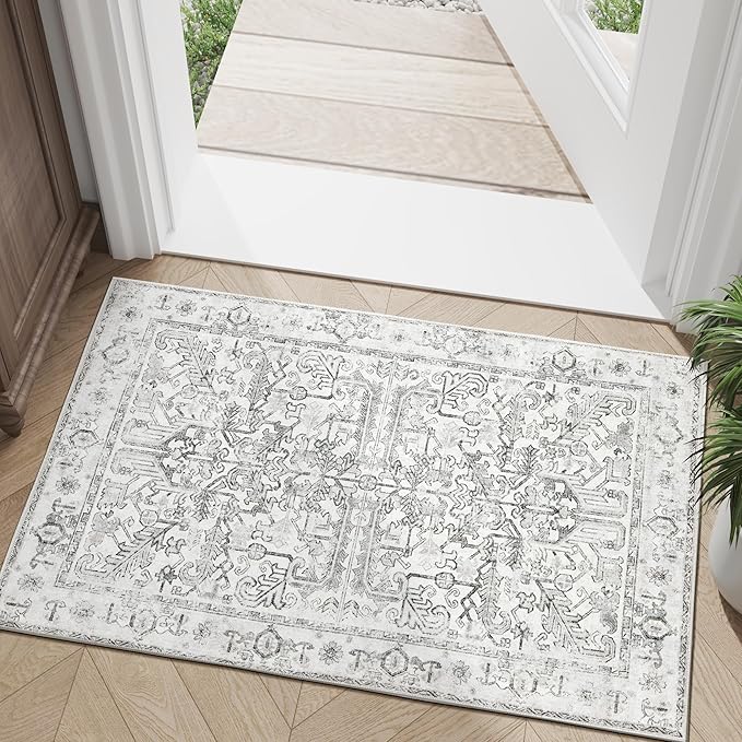 jinchan Washable Entry Rug 2x3 Vintage Floral Non-Slip, Grey