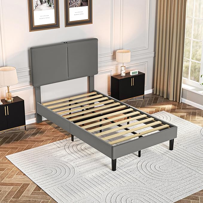 VECELO Twin Bed Frame with Type-C & USB Ports,Upholstered Platform Height-Adjustable Cotton and Linen Headboard,No Box Spring Needed, Noise-Free, Easy Assembly, Dark Grey