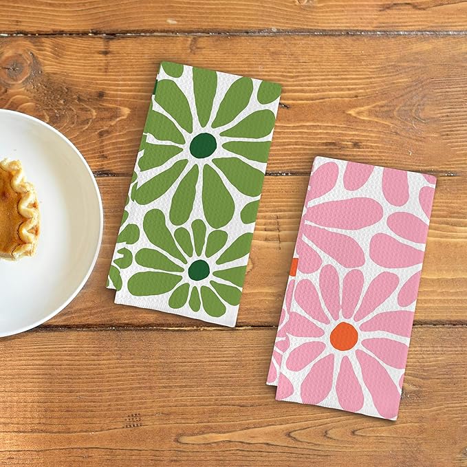 Boho Floral Hand Towels Chamomile Waffle Weave Pink Green Daisy