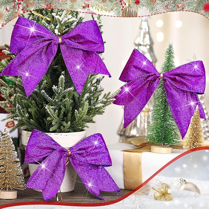 Cindeer 24 Pcs Purple Christmas Bow Decorations 6 x 6 Inches, Glitter Holiday Ornaments Sequin Ties Bows for Xmas Tree, Wreath, DIY Crafts, Gift Wrapping, Party Decor