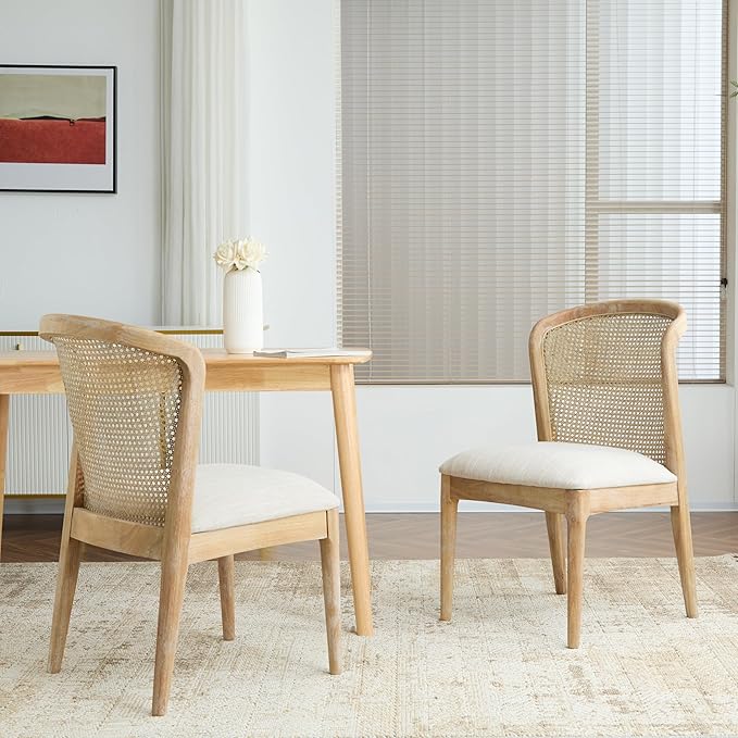Christopher Knight Home Lilia Dining Chairs Set of 2, Modern Dining Chair with Fabric Upholstery, Rubberwood Frame Kitchen Chairs with Cane Webbing, Extra Seat for Dining Room, Beige + Natural