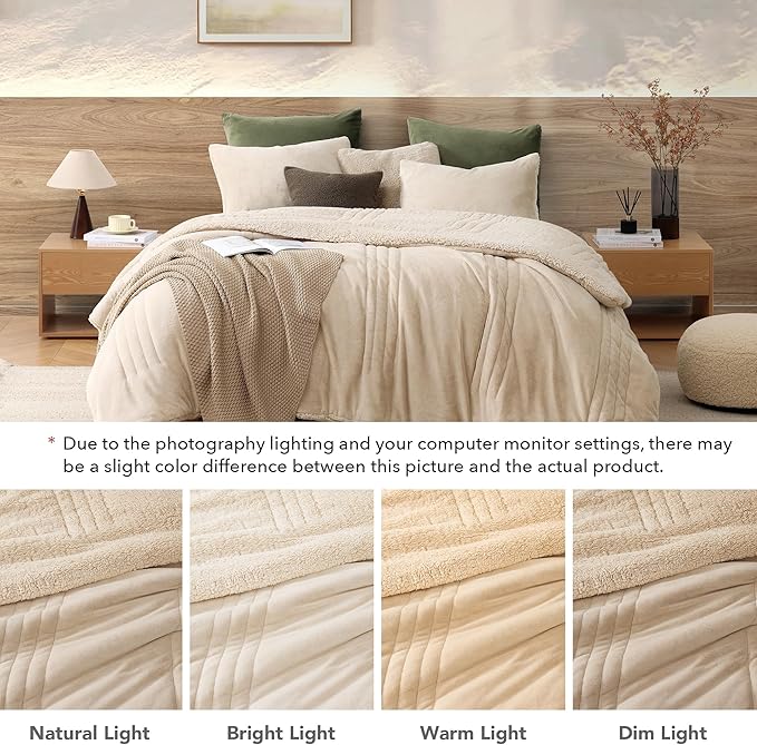 Monbix Fluffy Queen Comforter Set Beige, Sherpa Plush Fuzzy Comforter 3 Piece for Queen Size Bed, Luxury Soft Winter Warm Bedding Set