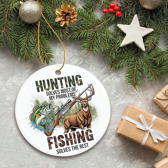 ZAGKOO Hunting Fishing Ornaments for Christmas Tree - Christmas Hunting Gifts for Deer Hunters, Fishing Themed Gifts - Wildlife Xmas Ornaments, Ceramic Xmas Tree Ornament Holiday Decor