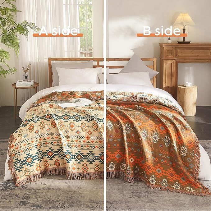 Boho Throw Blanket 100% Cotton Woven Ultra Soft 4-Layer Muslin Quilt Farmhouse Bed Blanket Cover 80"x90", Diamond
