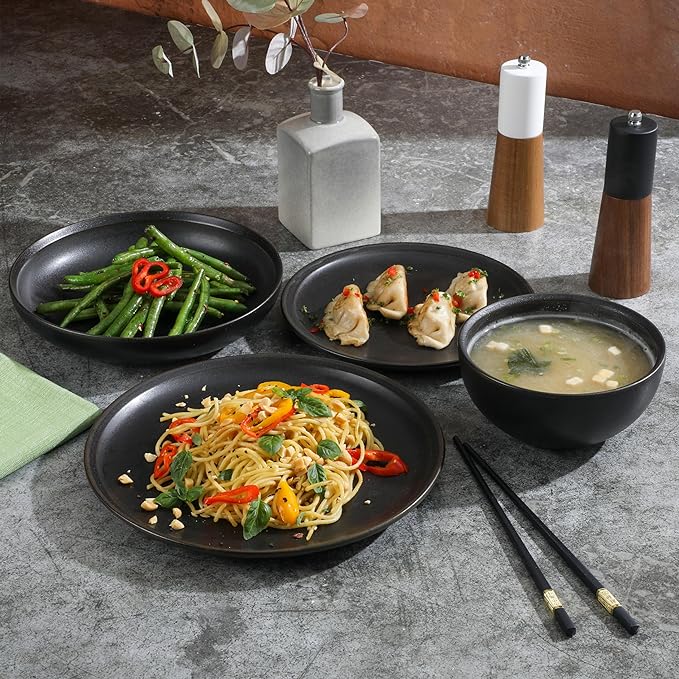 Gibson Elite Beckett Stoneware Matte Reactive Glaze 16 Piece (Service for 4) Plates and Bowls Dinnerware Set - Black