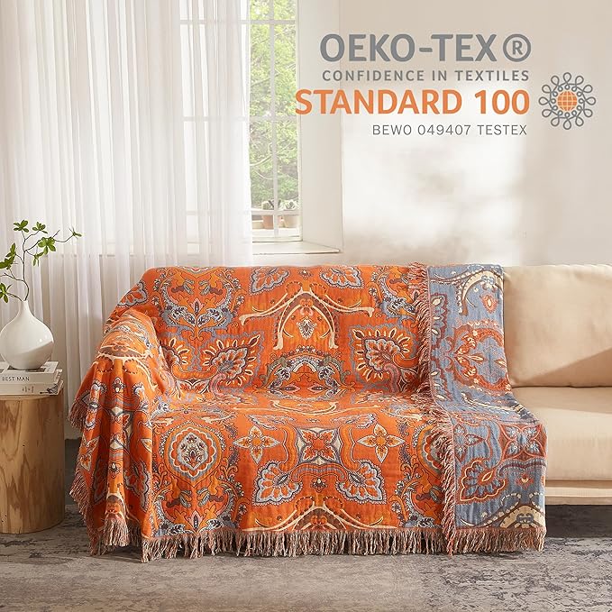 Boho Throw Blanket 100% Cotton Woven Ultra Soft 4-Layer Muslin Quilt Farmhouse Bed Blanket Cover 60"x80", Vintage Floral